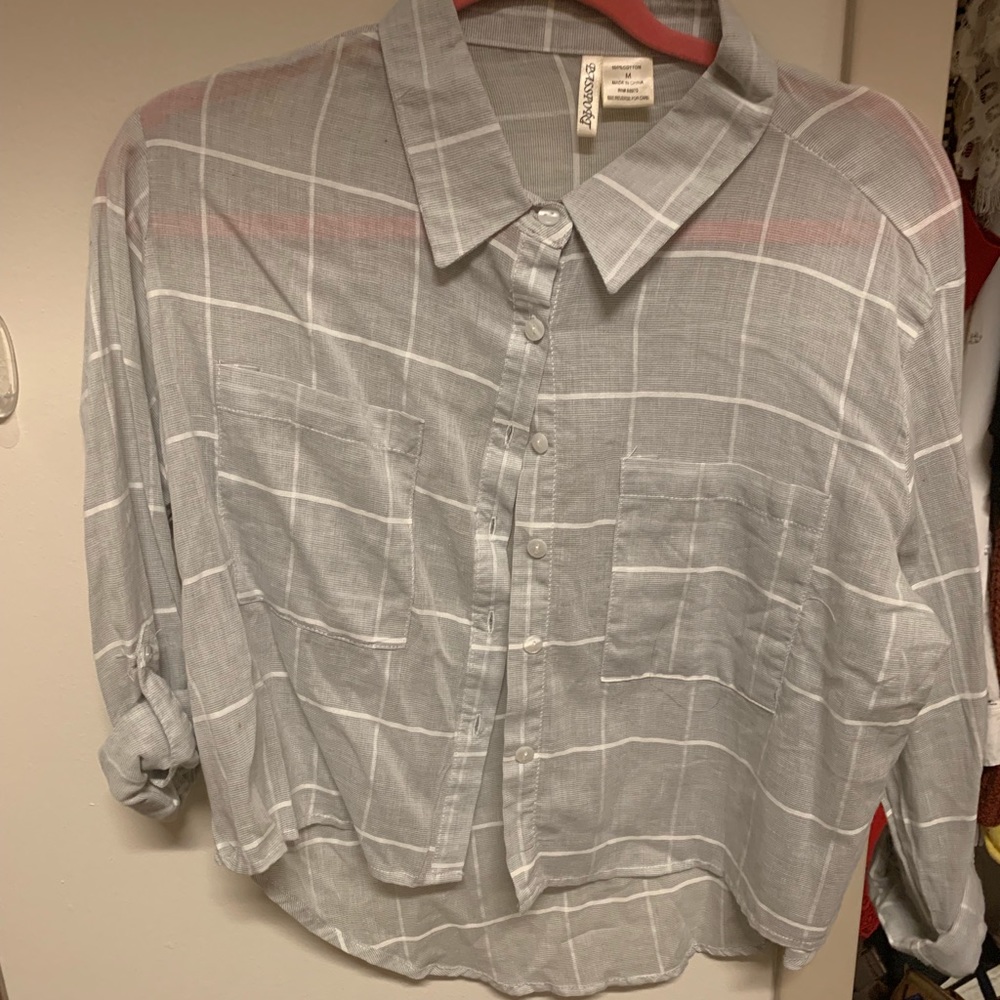 Plaid - grey and white crop button down